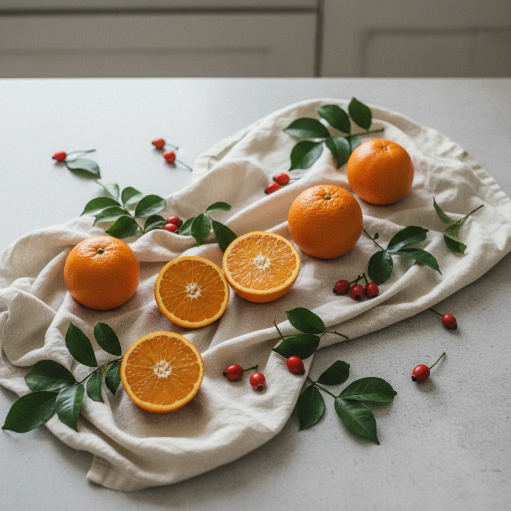 Fresh citrus fruit, rosehip berries and green leaves arranged on a pale stone kitchen surface