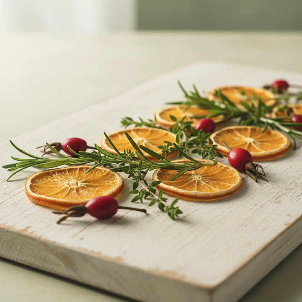 Orange slices, rosehip and fresh green leaves on a pale wooden board